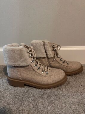 Anne Klein Beige Fold-Over Faux Shearling Lace-Up Ankle Boots